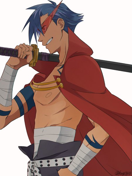 Anime picture 1200x1600 with tengen toppa gurren lagann gainax kamina keiji (thefrontofarmament) single tall image short hair simple background red eyes white background signed blue hair profile tattoo hand in pocket weapon over shoulder boy weapon sword belt