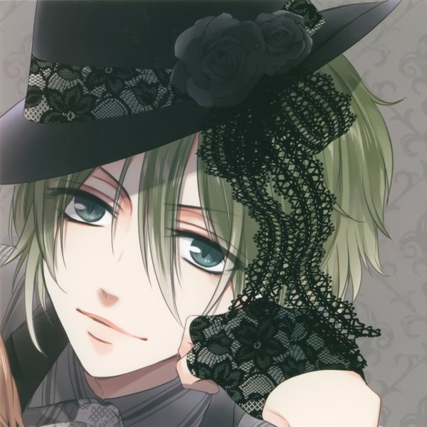 Anime picture 2003x2004 with marginal #4 idea factory nomura l kirishima sou single tall image looking at viewer highres green eyes aqua eyes light smile portrait face hand on cheek boy gloves flower (flowers) hat black gloves fingerless gloves