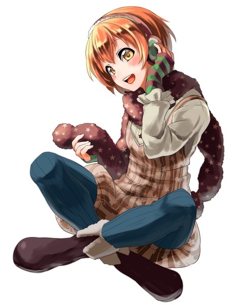 Anime-Bild 2000x2500 mit love live! school idol project sunrise (studio) love live! hoshizora rin konya (chocolate palette) single tall image blush highres short hair open mouth simple background white background sitting yellow eyes indian style girl gloves boots headphones