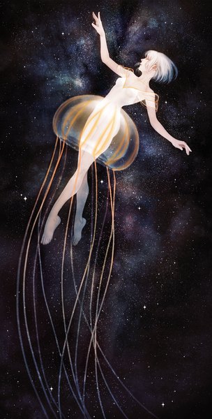 Anime picture 1300x2564 with original shirousagi (artist) single tall image fringe short hair bare shoulders white hair eyes closed profile barefoot teeth spread arms transparent constellation girl dress star (stars) transparent clothing toes