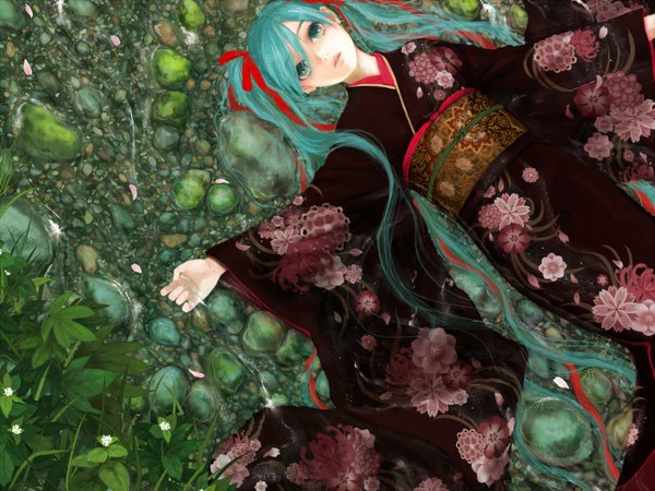 Anime picture 1400x1050 with vocaloid hatsune miku ribonchan (artist) single twintails lying very long hair japanese clothes aqua eyes aqua hair partially submerged girl ribbon (ribbons) plant (plants) hair ribbon petals water kimono obi