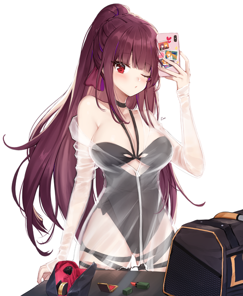 Anime picture 1887x2298 with girls frontline wa2000 (girls frontline) ango single long hair tall image looking at viewer blush fringe highres breasts light erotic red eyes large breasts standing holding cleavage purple hair ponytail blunt bangs
