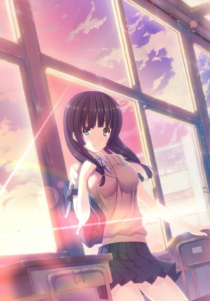 Anime picture 716x1024 with original siva (executor) single tall image looking at viewer blush fringe breasts smile standing twintails holding sky purple hair cloud (clouds) indoors pleated skirt sunlight low twintails girl