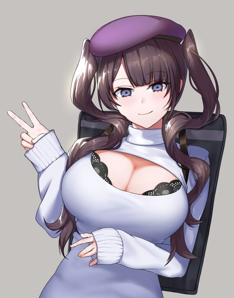 Anime picture 903x1149 with original xiujia yihuizi single long hair tall image looking at viewer blush fringe breasts blue eyes light erotic simple background smile hair between eyes brown hair large breasts standing twintails cleavage upper body
