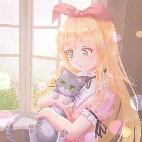Anime picture 1800x1800 with original higenekopic single long hair blush fringe highres blonde hair smile holding upper body indoors blunt bangs short sleeves puffy sleeves lens flare looking down silver eyes girl ribbon (ribbons)