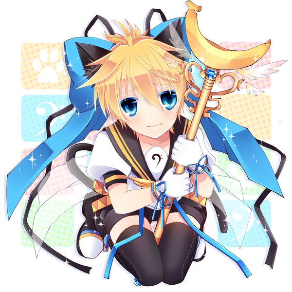 Anime picture 1125x1125 with vocaloid magical nuko-lenlen (vocaloid) kagamine len lira single short hair blue eyes blonde hair animal ears cat ears otoko no ko thighhighs boy bow black thighhighs staff sailor suit