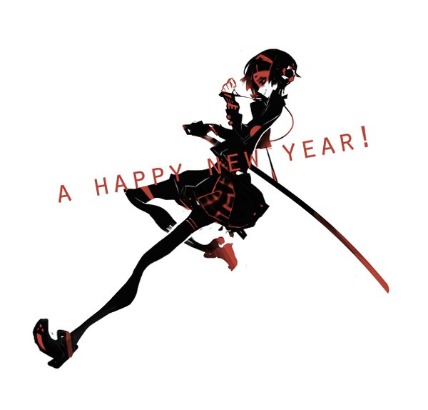 Anime picture 1207x1155 with original kiku (kicdoc) single short hair black hair high heels new year happy new year girl skirt gloves weapon miniskirt pantyhose sword shoes headphones katana sheath cable