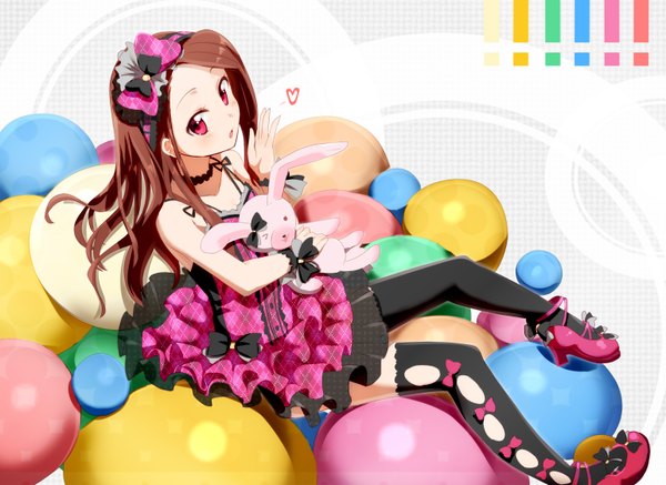 Anime picture 1542x1124 with idolmaster minase iori gotyou single long hair red eyes brown hair sitting girl thighhighs dress bow black thighhighs hair bow toy stuffed animal egg
