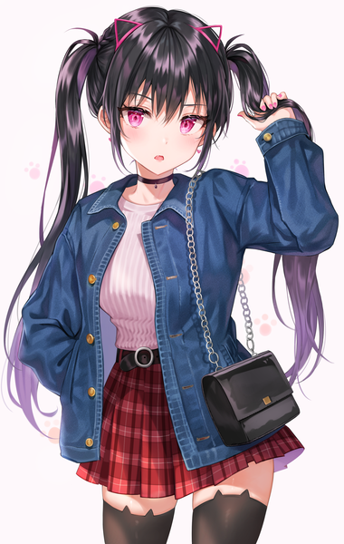 Anime picture 2419x3820 with original tokkyu single long hair tall image looking at viewer blush fringe highres breasts open mouth black hair simple background hair between eyes white background twintails animal ears long sleeves nail polish pleated skirt
