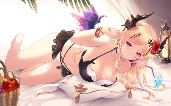 Anime picture 1920x1200 with shingeki no bahamut dark angel olivia cait single long hair looking at viewer fringe highres breasts light erotic blonde hair red eyes cleavage lying parted lips barefoot hair flower horn (horns) bare legs wallpaper