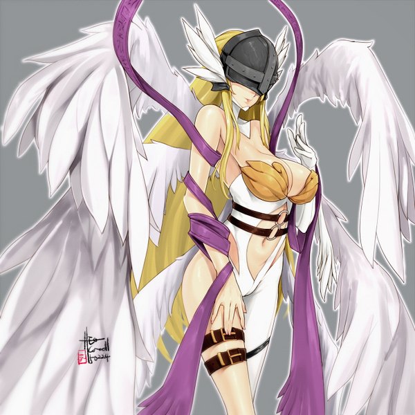 Anime picture 1400x1400 with digimon angewomon caooll (co-ohol) single long hair breasts light erotic simple background blonde hair bare shoulders grey background angel wings angel girl navel wings helmet
