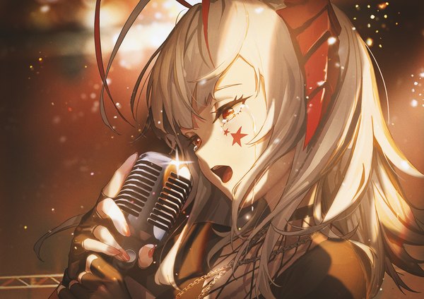Anime picture 1697x1200 with arknights w (arknights) ttk (kirinottk) single long hair fringe open mouth red eyes holding looking away silver hair upper body nail polish horn (horns) fingernails tears facial mark alternate hairstyle crying singing