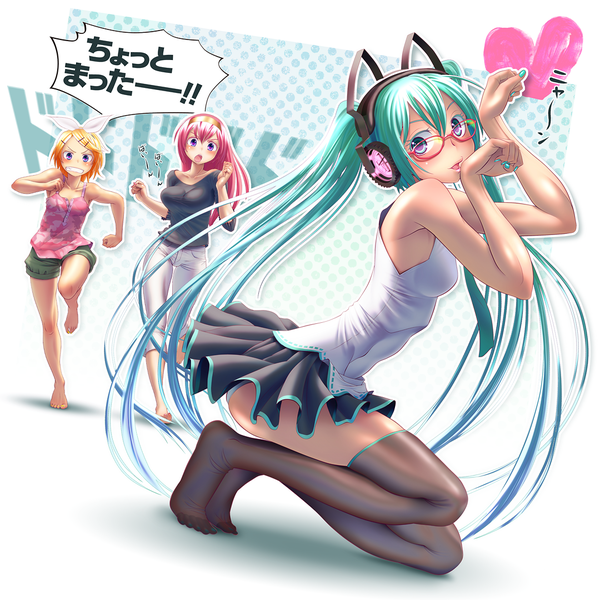 Anime picture 1080x1080 with vocaloid hatsune miku megurine luka kagamine rin wokada long hair blush short hair open mouth blonde hair twintails purple eyes multiple girls animal ears pink hair aqua eyes cat ears aqua hair girl thighhighs