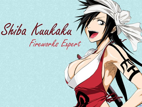 Anime picture 1024x768 with bleach studio pierrot shiba kuukaku long hair fringe breasts open mouth blue eyes light erotic black hair simple background large breasts hair over one eye inscription tattoo headband