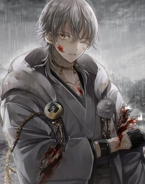 Anime picture 926x1170 with touken ranbu nitroplus tsurumaru kuninaga abandon ranka single tall image looking at viewer fringe short hair hair between eyes yellow eyes silver hair upper body traditional clothes japanese clothes one eye closed rain blood on face holding arm bloody clothes