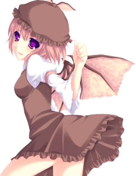 Anime picture 1120x1450 with touhou mystia lorelei kabata (mechisan) tall image short hair smile brown hair purple eyes looking back girl dress wings cap