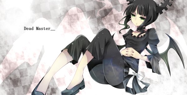 Anime picture 1955x1000 with black rock shooter dead master takamiya ren single highres short hair black hair wide image green eyes horn (horns) girl wings