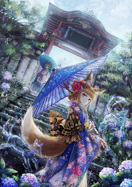 Anime picture 707x1000 with original emone04 tall image looking at viewer fringe short hair blue eyes blonde hair red eyes standing holding animal ears payot sky outdoors tail blunt bangs nail polish traditional clothes japanese clothes
