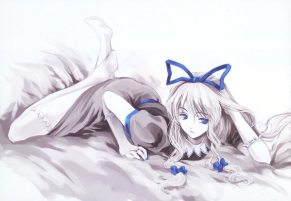 Anime picture 1939x1338 with touhou yakumo yukari single long hair fringe highres blue eyes looking away lying nail polish barefoot monochrome on stomach pale skin blue nail polish spot color girl thighhighs hair ornament bow