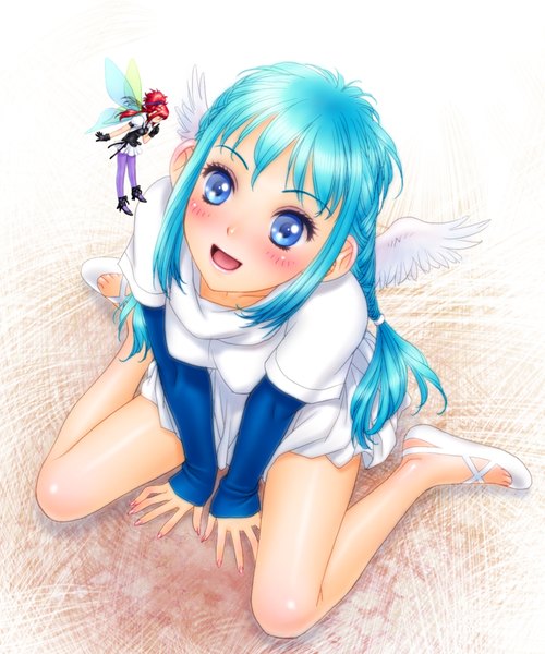 Anime picture 1500x1800 with original toshiki yui long hair tall image blush open mouth blue eyes sitting blue hair braid (braids) looking up fairy girl wings