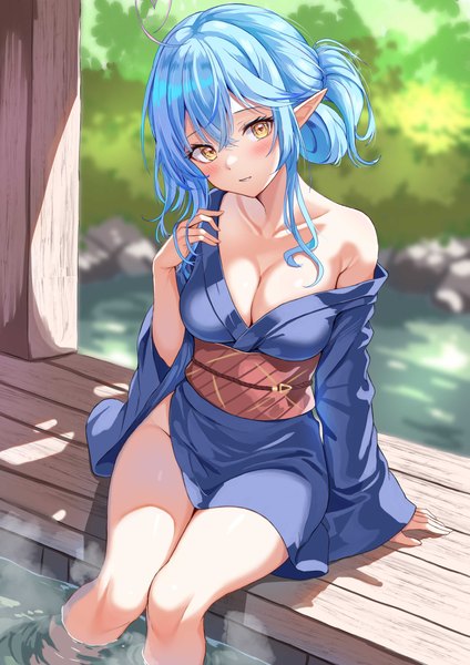 Anime picture 2894x4093 with virtual youtuber hololive yukihana lamy o29sukizero single tall image looking at viewer blush fringe highres breasts light erotic hair between eyes large breasts sitting yellow eyes payot blue hair cleavage ahoge