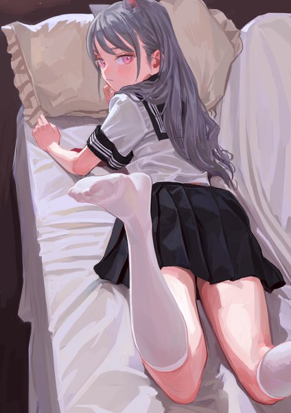 Anime picture 1000x1414 with original fkey single long hair tall image looking at viewer blush fringe animal ears bent knee (knees) indoors lying pleated skirt pink eyes looking back from above grey hair from behind cat ears short sleeves