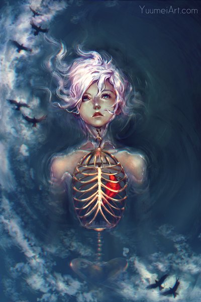 Anime picture 1500x2250 with original yuumei single long hair tall image blue eyes purple hair lying parted lips lips on back partially submerged expressionless skeleton animal water bird (birds) cage