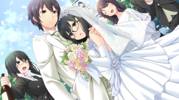 Anime picture 1280x720 with tsuisou no augment hinasaki you long hair short hair blue eyes black hair wide image multiple girls brown eyes game cg eyes closed multiple boys girl dress boy gloves flower (flowers) glasses elbow gloves 3 girls
