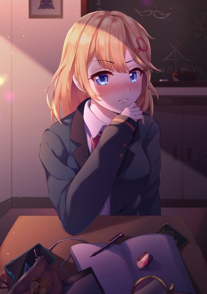 Anime picture 2000x2829 with virtual youtuber hololive hololive english watson amelia cargo (pixiv27244088) single long hair tall image looking at viewer blush fringe highres blue eyes blonde hair sitting indoors long sleeves sunlight embarrassed ai ai gasa
