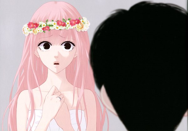 Anime picture 3445x2408 with vocaloid just be friends (vocaloid) megurine luka long hair highres short hair open mouth black hair simple background bare shoulders pink hair absurdres black eyes girl boy wreath