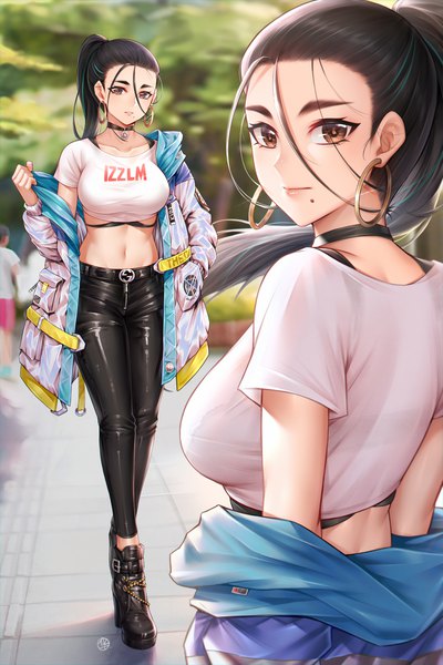 Anime picture 2130x3195 with original hua-j long hair tall image looking at viewer fringe highres breasts black hair hair between eyes large breasts standing brown eyes ponytail long sleeves parted lips multicolored hair blurry off shoulder mole
