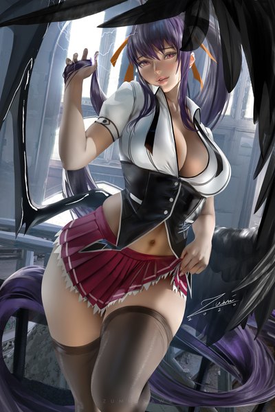 Anime picture 2339x3508 with highschool dxd himejima akeno zumi (zumidraws) single tall image looking at viewer blush fringe highres breasts light erotic hair between eyes large breasts standing signed cleavage purple hair bent knee (knees) ponytail indoors