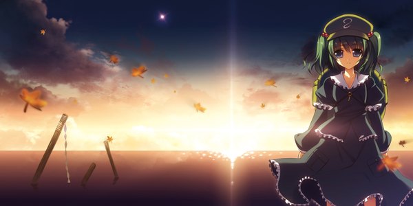 Anime picture 1600x800 with touhou kawashiro nitori hoshi ichi single looking at viewer short hair blue eyes wide image sky cloud (clouds) green hair night sky evening sunset girl dress skirt leaf (leaves) star (stars) skirt set