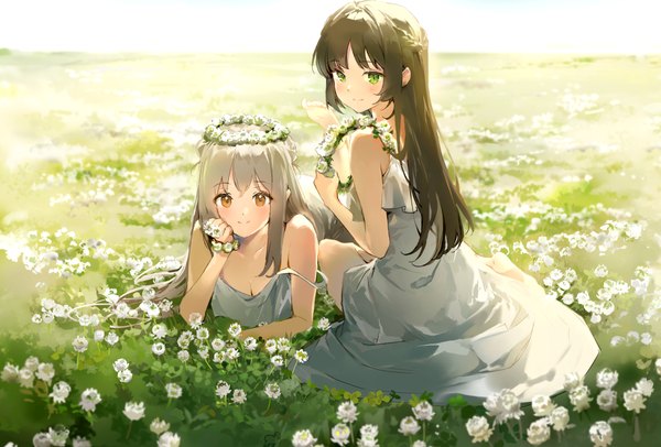 Anime picture 2500x1693 with original anmi long hair looking at viewer blush fringe highres breasts brown hair sitting bare shoulders multiple girls holding brown eyes green eyes outdoors lying grey hair turning head strap slip