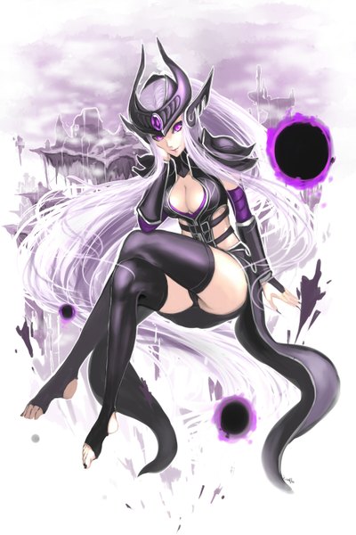 Anime picture 1000x1500 with league of legends syndra kumiko shiba single tall image looking at viewer light erotic purple eyes cleavage silver hair very long hair nail polish fingernails light smile arm support pantyshot crossed legs pantyshot sitting long fingernails girl