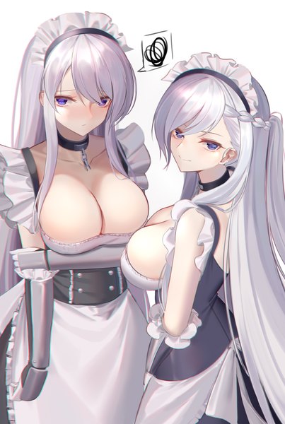 Anime picture 1344x2000 with azur lane belfast (azur lane) enterprise (azur lane) eternity (shadeh) long hair tall image looking at viewer blush fringe breasts blue eyes light erotic simple background hair between eyes large breasts standing white background multiple girls cleavage silver hair