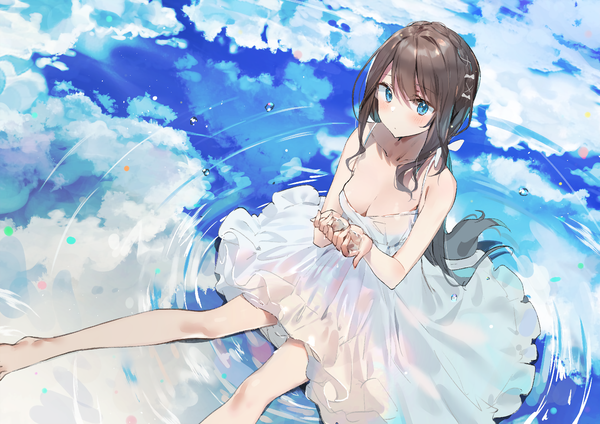 Anime picture 1984x1403 with original sabet (young ouo) single long hair looking at viewer blush fringe highres breasts blue eyes hair between eyes brown hair sitting payot sky cleavage cloud (clouds) braid (braids) barefoot reflection