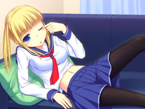 Anime picture 1600x1200 with kageira long hair blue eyes blonde hair one eye closed wink girl serafuku necktie couch