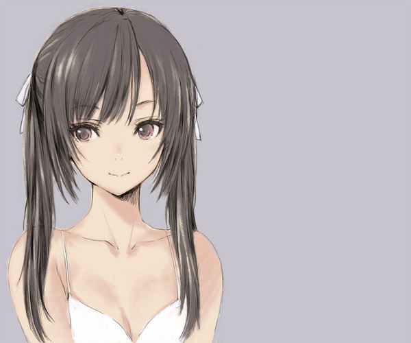 Anime picture 1080x900 with original kawata hisashi single long hair fringe black hair simple background smile twintails bare shoulders brown eyes looking away grey background girl dress ribbon (ribbons) hair ribbon white dress