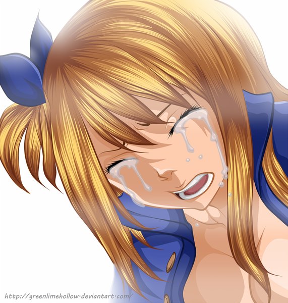 Anime picture 1024x1076 with fairy tail lucy heartfilia greenlimehollow single long hair tall image breasts open mouth light erotic blonde hair white background eyes closed tears one side up coloring light girl