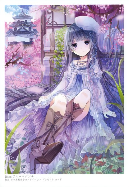 Anime picture 2406x3475 with original fruit punch single long hair tall image looking at viewer highres blue eyes blue hair scan girl dress flower (flowers) petals boots beret