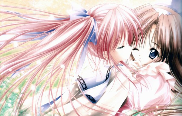 Anime picture 1600x1023 with tinker bell long hair blush brown hair twintails red hair shoujo ai kiss girl ribbon (ribbons)