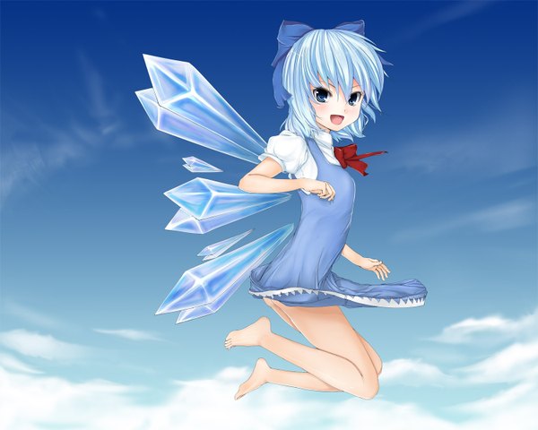 Anime picture 1500x1200 with touhou cirno fujioka toki single short hair open mouth blue eyes blue hair jumping girl dress bow hair bow wings crystal ice