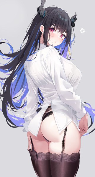 Anime picture 643x1200 with virtual youtuber hololive hololive english nerissa ravencroft deyui single long hair tall image looking at viewer blush fringe breasts light erotic black hair simple background large breasts standing signed ass blunt bangs
