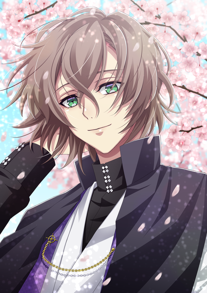 Anime picture 1447x2047 with hypnosis mic yumeno gentarou shelty single tall image looking at viewer fringe short hair hair between eyes brown hair green eyes sky upper body outdoors light smile wind cherry blossoms portrait arm behind head popped collar
