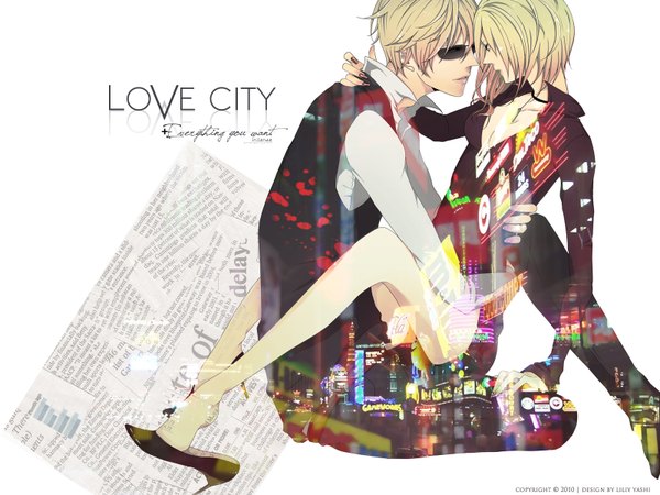 Anime picture 1600x1200 with durarara!! brains base (studio) heiwajima shizuo short hair blonde hair couple city sunglasses newspaper valrhona