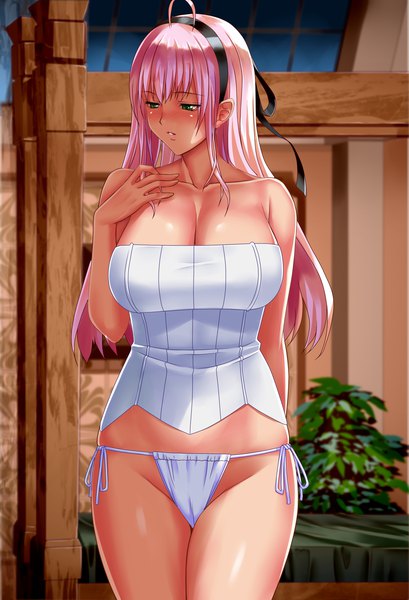 Anime picture 1500x2200 with original suuitchi (artist) single long hair tall image blush fringe breasts light erotic large breasts standing bare shoulders green eyes looking away pink hair cleavage ahoge indoors parted lips depth of field