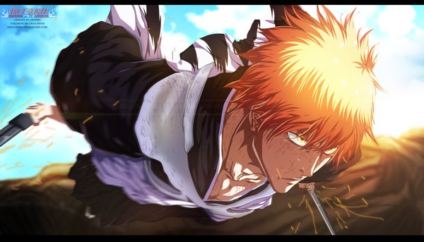 Anime picture 1726x989 with bleach studio pierrot kurosaki ichigo gray-dous single highres short hair wide image holding yellow eyes sky cloud (clouds) traditional clothes japanese clothes sunlight orange hair inscription coloring dual wielding boy