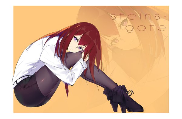 Anime picture 1680x1103 with steins;gate white fox makise kurisu wujia xiaozi single long hair looking at viewer simple background smile sitting purple eyes full body bent knee (knees) red hair high heels copyright name framed lacing zoom layer hand on knee