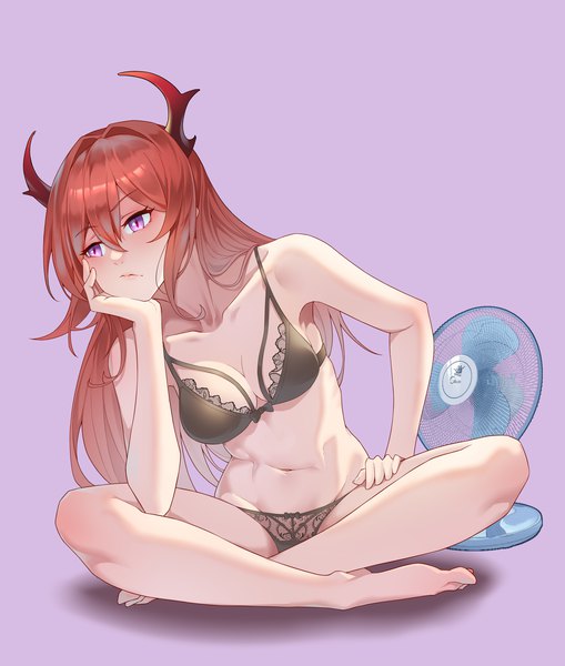 Anime picture 2974x3508 with arknights surtr (arknights) aluo 7762 single long hair tall image blush fringe highres breasts light erotic simple background hair between eyes sitting purple eyes payot looking away full body bent knee (knees) red hair